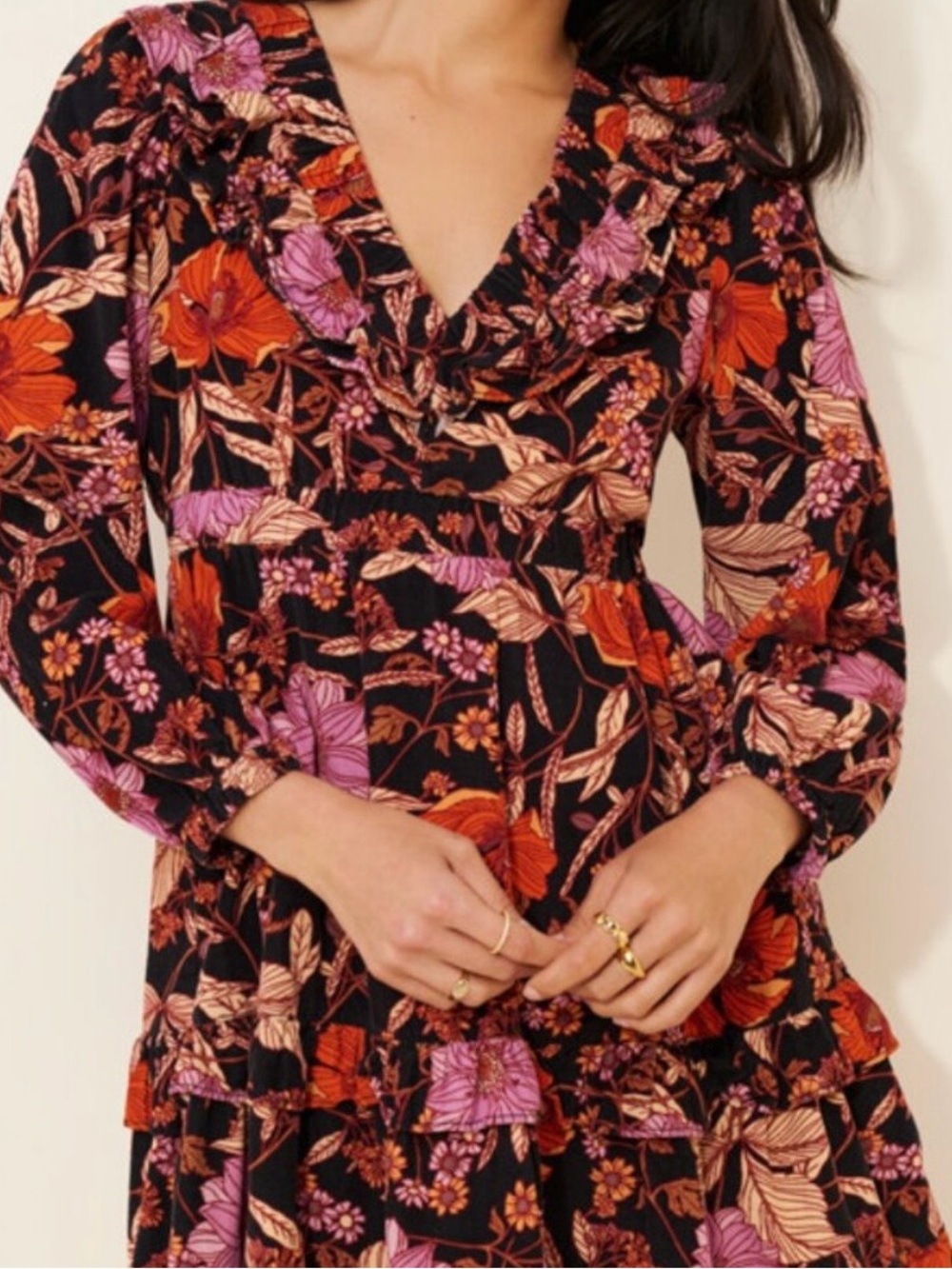 Anthropologie Black Floral V-Neck Tiered Dress with Pink & Orange Blooms